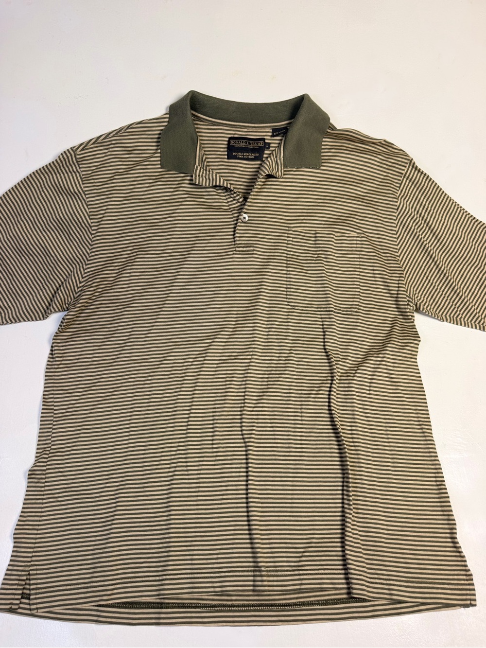 Donald J. Trump Polo Shirt Mens L Olive Cream Y2K Striped Pima Cotton Pocket